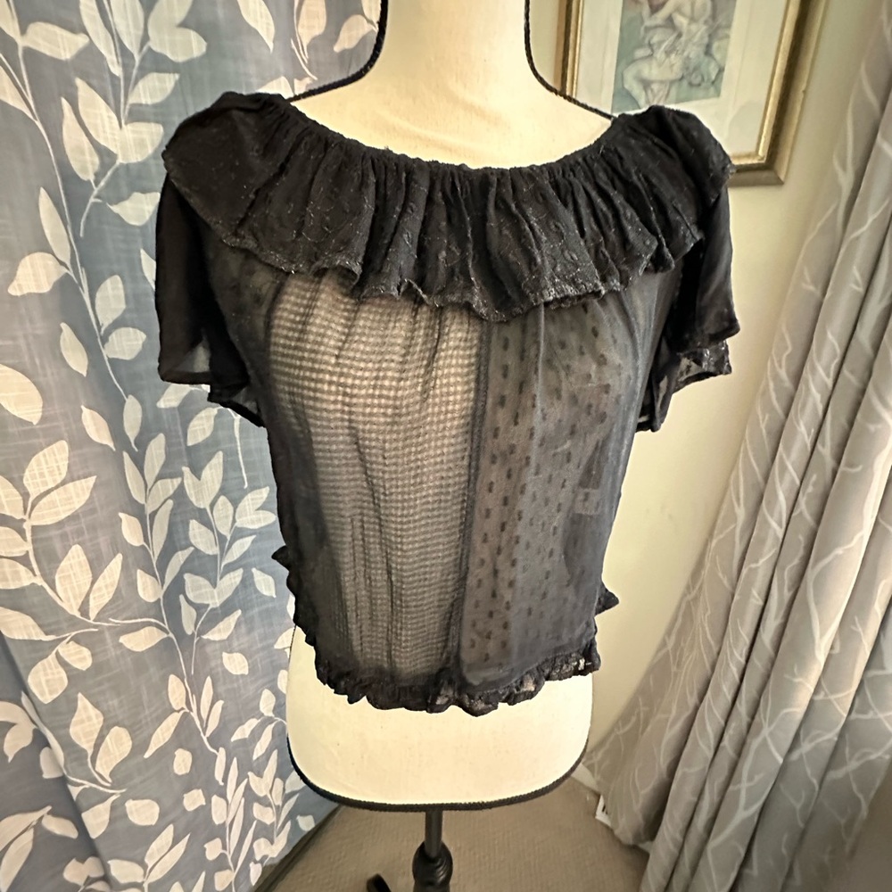 Chic Black Ruffle Sheer Blouse - Picture 2 of 4